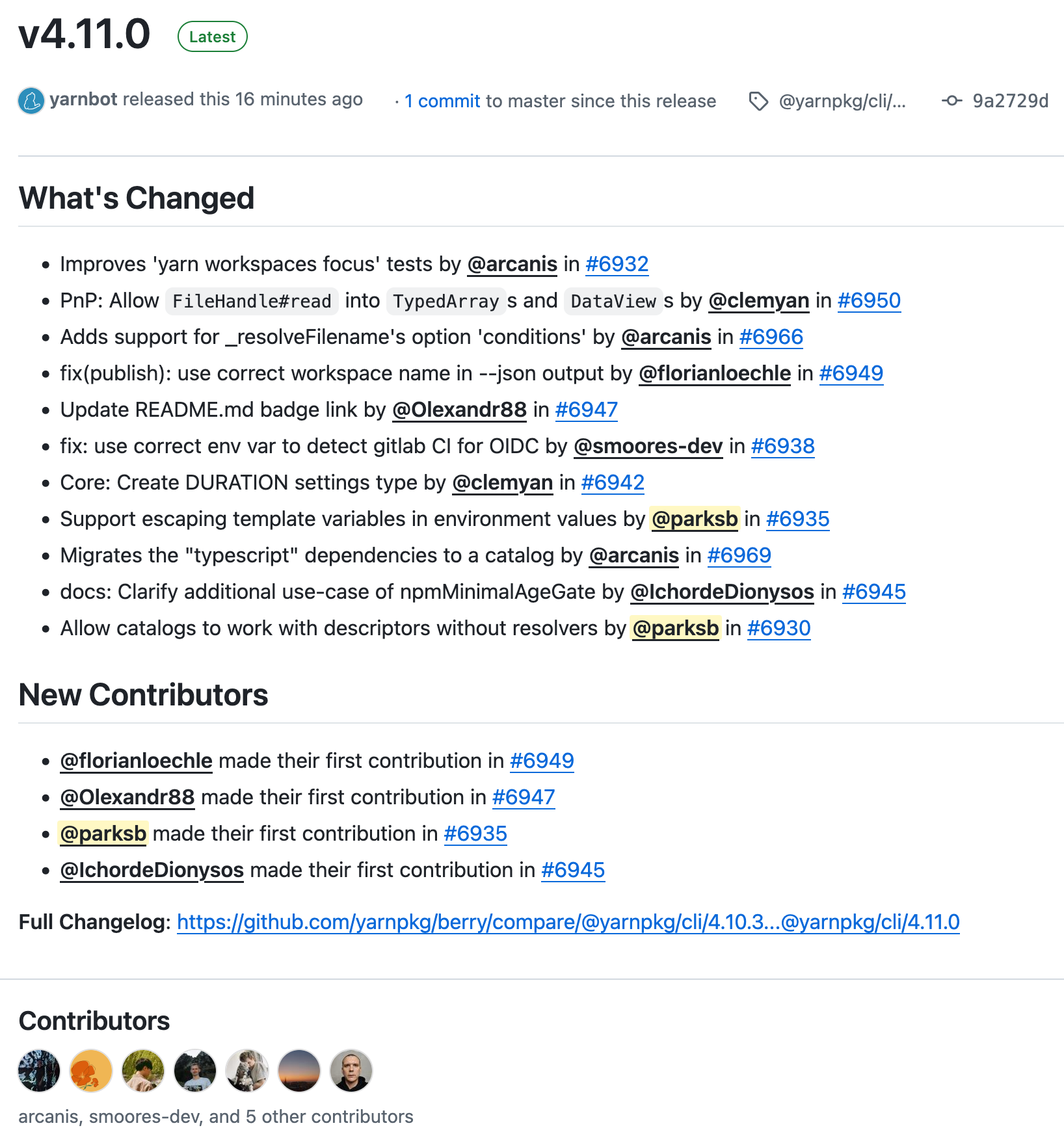 Yarn v4.11.0 릴리스 노트 화면. 상단에 버전 번호와 ‘Latest’ 배지가 있으며, yarnbot이 16분 전에 릴리스했다는 문구가 보인다. ‘What’s Changed’ 섹션에는 워크스페이스 테스트 개선, PnP TypedArray/DataView 지원, _resolveFilename 옵션 조건 추가, 퍼블리시 출력 워크스페이스 이름 수정, README 배지 업데이트, GitLab CI 감지용 env 변수 수정, DURATION 타입 생성, 템플릿 변수 이스케이프 지원, TypeScript 의존성 카탈로그로의 마이그레이션, npmMinimalAgeGate 문서 보완, 리졸버 없이 카탈로그 사용 허용 등이 항목별로 나열되어 있다. 각 변경 항목 옆 기여자 아이디가 링크 형태로 표시되며, 일부 아이디는 노란 하이라이트 배경으로 강조되어 있다. ‘New Contributors’ 섹션에는 네 명의 신규 기여자가 표시된다. 하단에는 전체 변경 로그 링크와 여러 기여자 프로필 이미지가 나열된다.